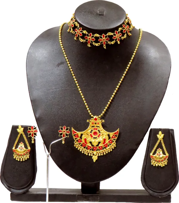 Assamese_Traditional_Gold_Plated_Red_Black_Colour_Combo_Jewellery_Set_For_Women